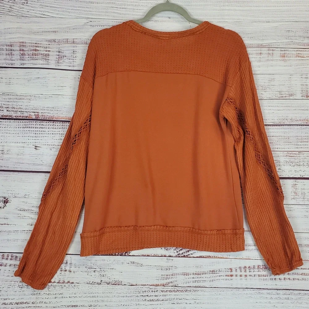Knox Rose Lace Waffle Knit Thermal Top M Burnt Orange Sweater Earthy Neutral NWT